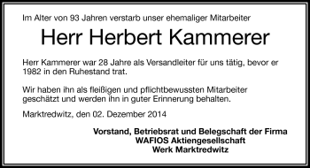 Traueranzeige von Herbert Kammerer von Frankenpost