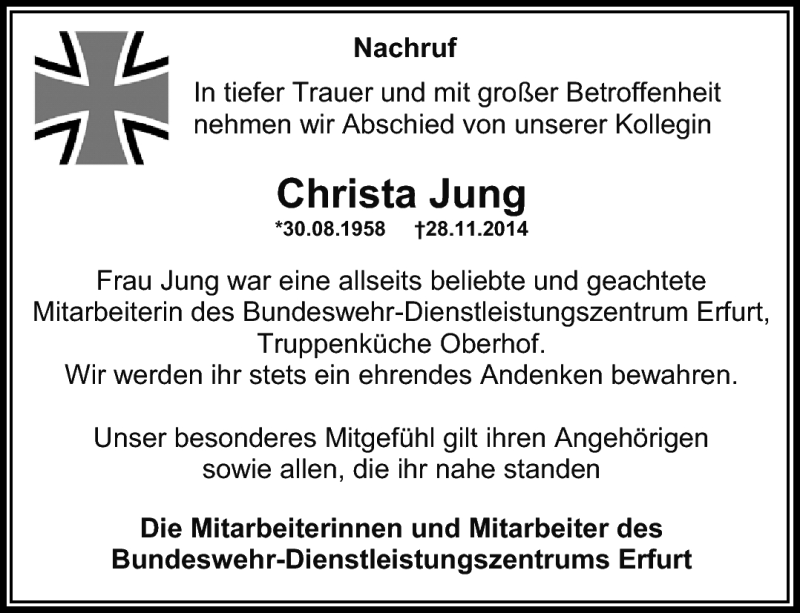  Traueranzeige für Christa Jung vom 05.12.2014 aus Südthüringer Presse