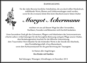 Traueranzeige von Margot Ackermann von Südthüringer Presse