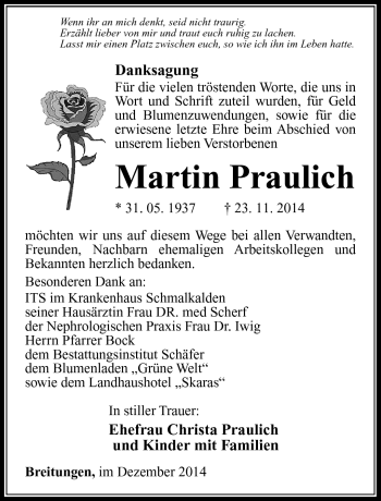 Traueranzeige von Martin Praulich von Südthüringer Presse