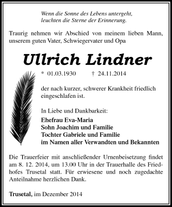 Traueranzeige von UIlrich Lindner von Südthüringer Presse
