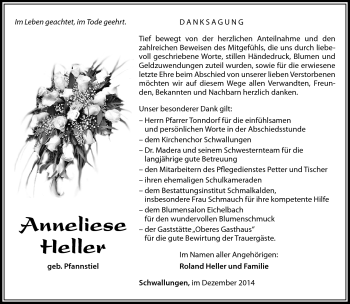 Traueranzeige von Anneliese Heller von Südthüringer Presse