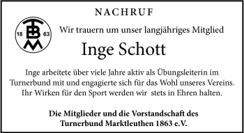 Traueranzeige von Inge Schott von Frankenpost