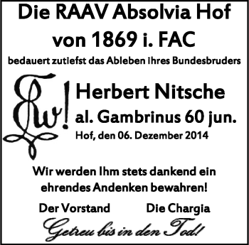 Traueranzeige von Herbert Nitsche von Frankenpost