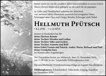 Traueranzeige von Hellmuth Pfütsch von Südthüringer Presse