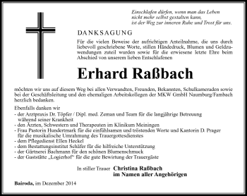 Traueranzeige von Ehrhard Raßbach von Südthüringer Presse