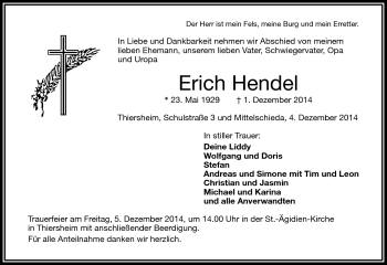 Traueranzeige von Erich Hendel von Frankenpost
