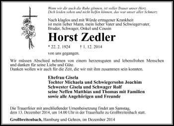 Traueranzeige von Horst Zedler von Südthüringer Presse