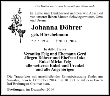 Traueranzeige von Johanna Döhrer von Südthüringer Presse