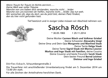 Traueranzeige von Sascha Rösch von Neue Presse Coburg