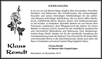 Traueranzeige von Klaus Remdt von Südthüringer Presse
