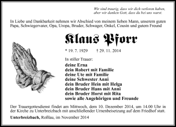 Traueranzeige von Klaus Pforr von Südthüringer Presse
