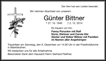 Traueranzeige von Günter Bittner von Frankenpost