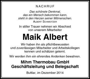 Traueranzeige von Maik Albert von Südthüringer Presse