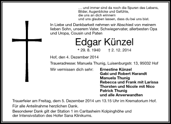 Traueranzeige von Edgar Künzel von Frankenpost