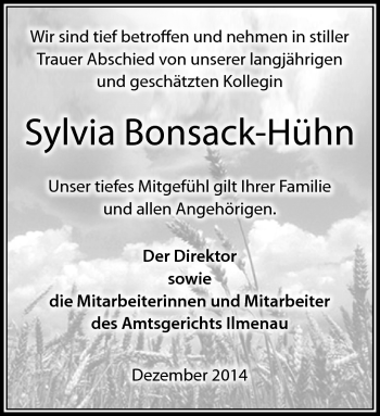 Traueranzeige von Sylvia Bonsack-Hühn von Südthüringer Presse