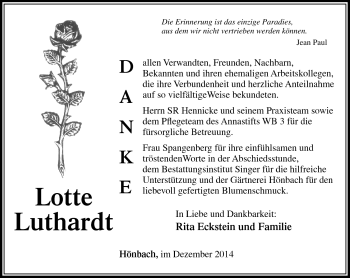 Traueranzeige von Lotte Luthardt von Südthüringer Presse