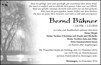 Traueranzeige von Bernd Bühner von Südthüringer Presse