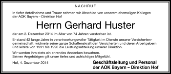 Traueranzeige von Gerhard Huster von Frankenpost