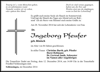 Traueranzeige von Ingeborg Pfeufer von Südthüringer Presse