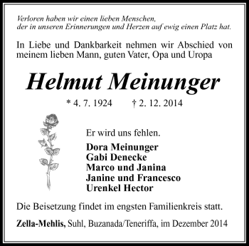 Traueranzeige von Helmut Meinunger von Südthüringer Presse
