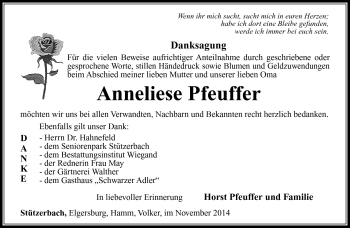 Traueranzeige von Anneliese Pfeuffer von Südthüringer Presse