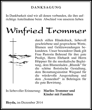 Traueranzeige von Winfried Trommer von Südthüringer Presse