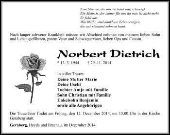 Traueranzeige von Norbert Dietrich von Südthüringer Presse