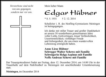 Traueranzeige von Edgar Hübner von Südthüringer Presse