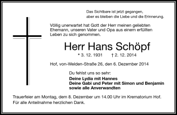 Traueranzeige von Hans Schöpf von Frankenpost