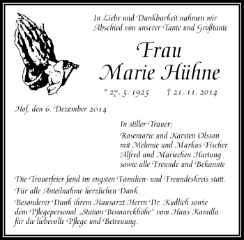 Traueranzeige von Marie Hühne von Frankenpost