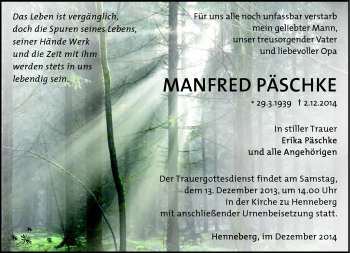 Traueranzeige von Manfred Peschke von Südthüringer Presse