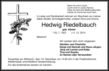 Traueranzeige von Hedwig Riedelbauch von Frankenpost