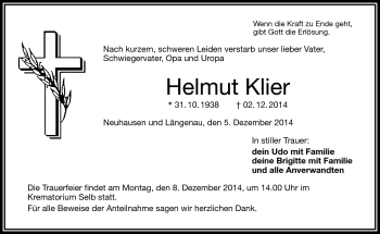Traueranzeige von Helmut Klier von Frankenpost