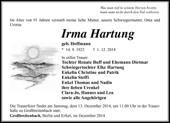 Traueranzeige von Irma Hartung von Südthüringer Presse