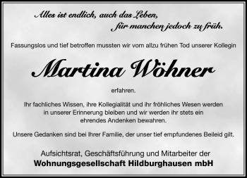 Traueranzeige von Martina Wöhner von Südthüringer Presse