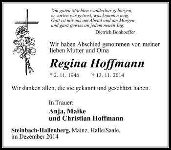 Traueranzeige von Regina Hoffmann von Südthüringer Presse
