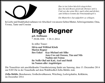 Traueranzeige von Inge Regner von Südthüringer Presse