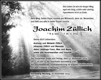 Traueranzeige von Joachim Züllich von Südthüringer Presse