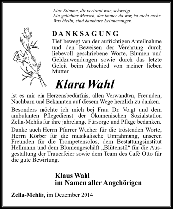 Traueranzeige von Klara Wahl von Südthüringer Presse