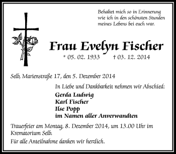 Traueranzeige von Evelyn Fischer von Frankenpost