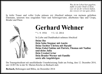 Traueranzeige von Gerhard Wehner von Südthüringer Presse