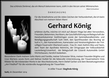 Traueranzeige von Gerhard König von Südthüringer Presse