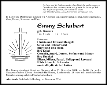 Traueranzeige von Emmy Schubert von Südthüringer Presse