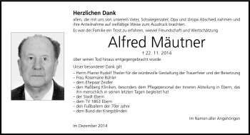 Traueranzeige von Alfred Mäutner von Neue Presse Coburg