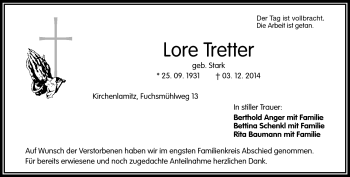 Traueranzeige von Lore Tretter von Frankenpost