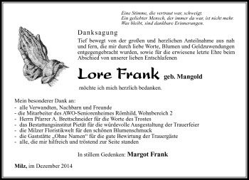 Traueranzeige von Lore Frank von Südthüringer Presse
