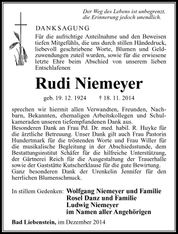 Traueranzeige von Rudi Niemeyer von Südthüringer Presse