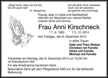 Traueranzeige von Anni Kirschneck von Frankenpost