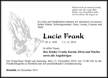 Traueranzeige von Lucie Frank von Südthüringer Presse